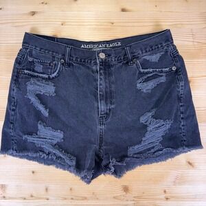 American Eagle Distressed Black Denim Shorts Size 10‎ High Rise Festival Grunge